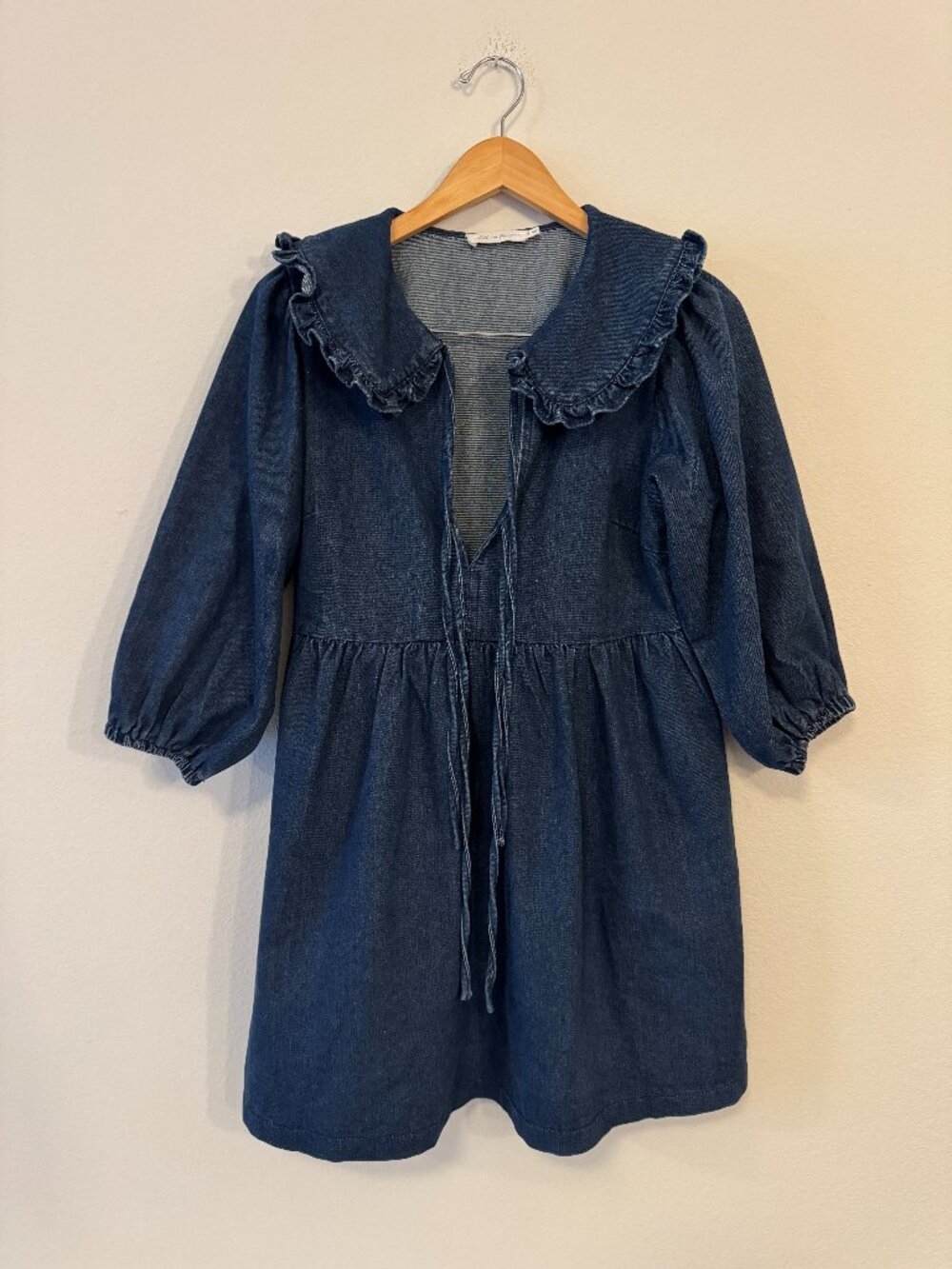All in Favor Denim Babydoll Mini Dress S Ruffle Sailor Collar Cottagecore